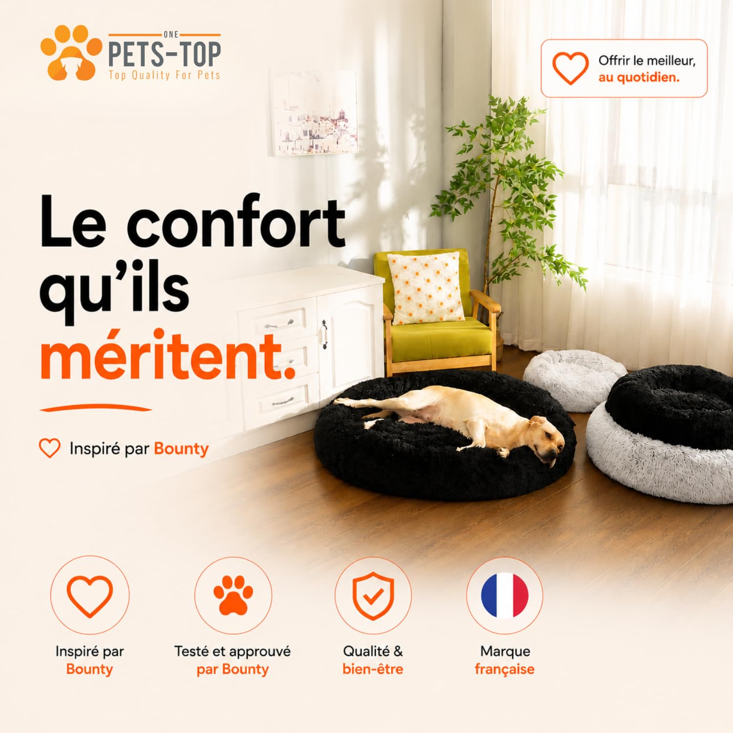 One PETS-TOP Panier Chien, Coussin Chien Dehoussable, Panier Chat Rond Lavable, Forme Donut, Matelas Apaisant Anti Stress 60cm Gris