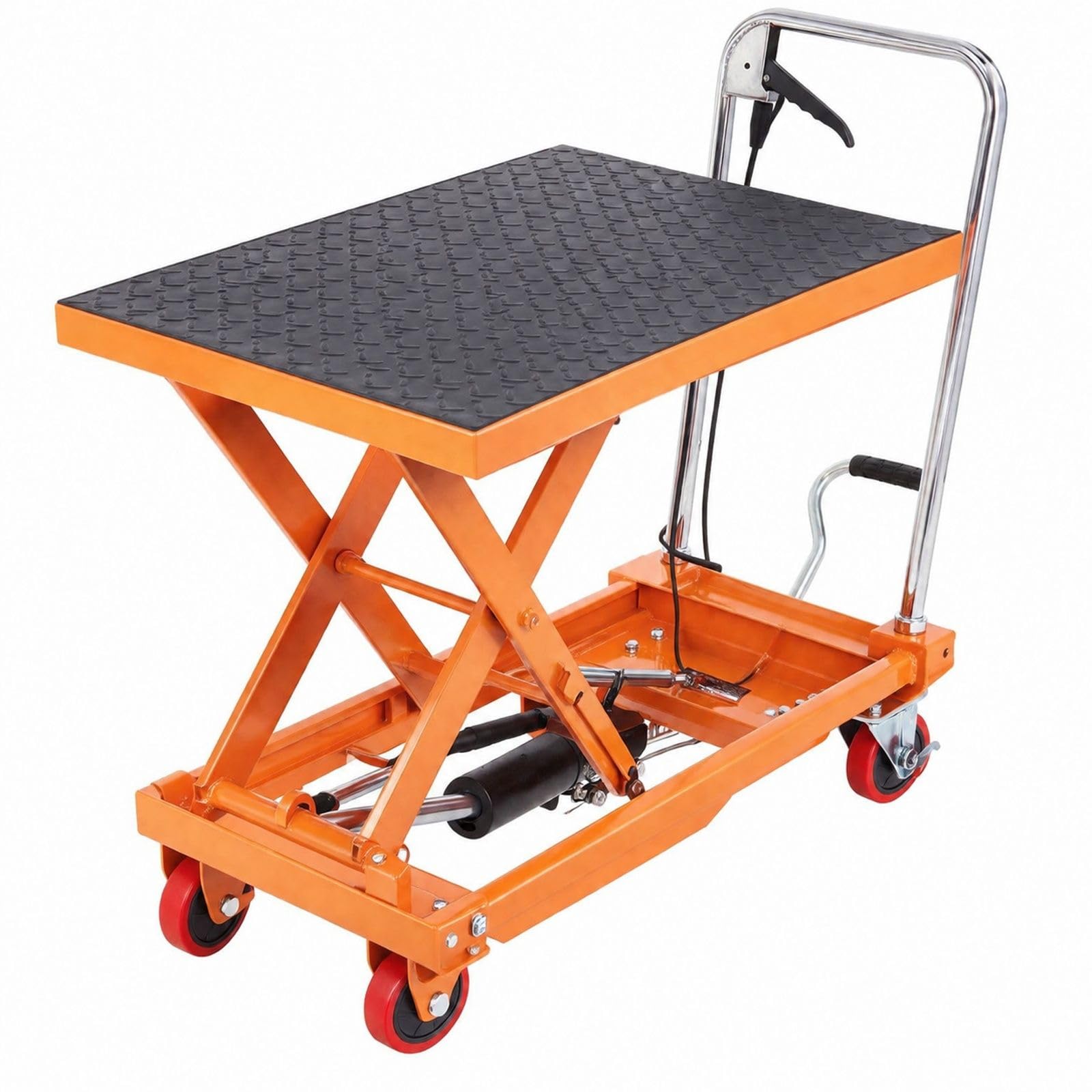 Chariot à table élévatrice hydraulique manuel orange, structure à ciseaux simples en acier Q235, charge 230 kg, 4 roues pour atelier et entrepôt