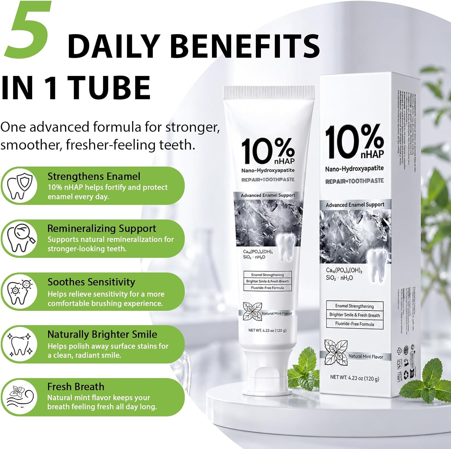 10% Nano Hydroxyapatite Toothpaste Fluoride Free for Remineralizing, Teeth Whitening, Fresh Breath, Enamel & Sensitive Teeth Safe|4 Oz