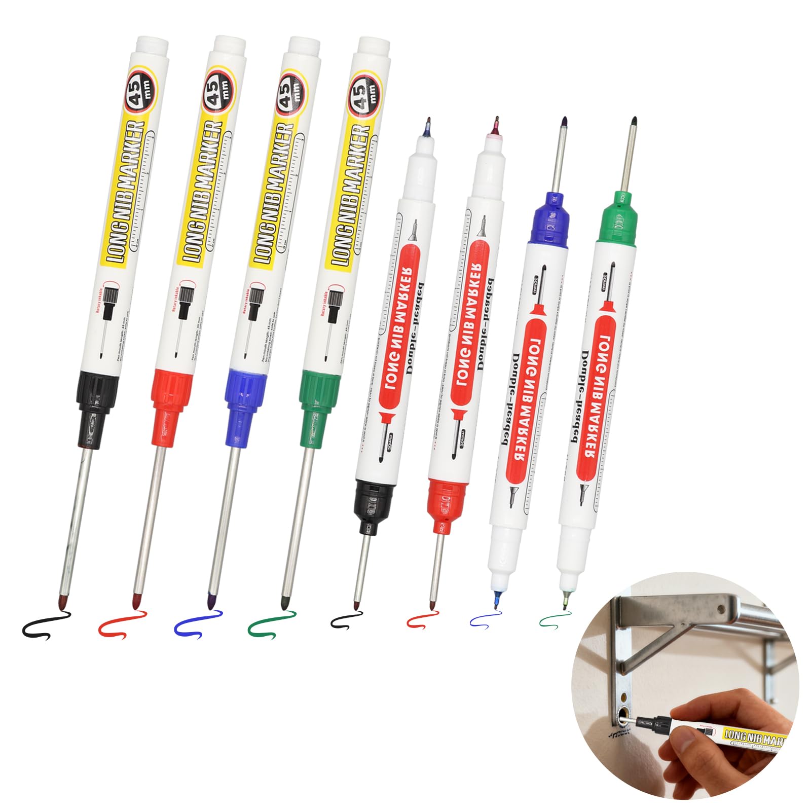 8 Piezas Marcador Agujeros Profundos, Rotulador Permanente 45mm 20mm, Rotulador Punta Extra Larga Impermeable, Rotuladores para Metal, Madera, Plástico, Mármol y Pared (Negro, Rojo, Azul, Verde)