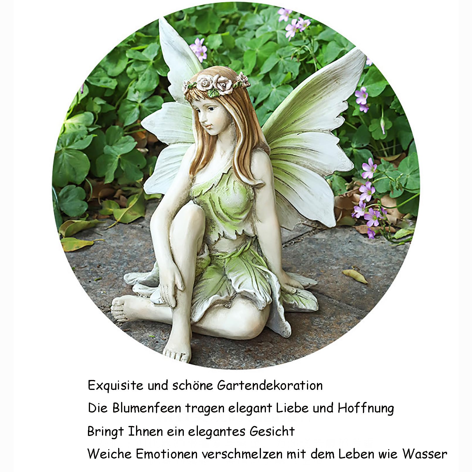 Elfen Figuren Feen Statue Harz Gartenfiguren & gartenstatuen Gartendeko für draußen,Europäische kreative Gartenfeen-Ornamente,Sitzende Elfen Skulptur mit Flügeln H 26cm,Grün,D