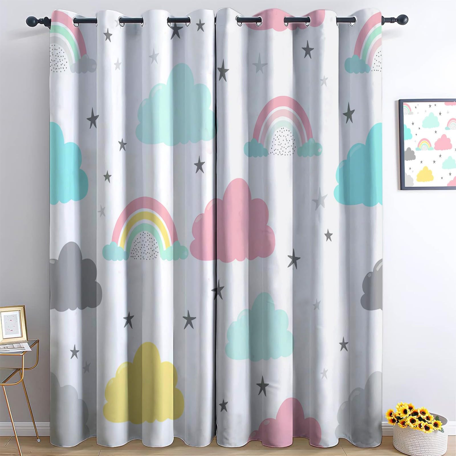 Cortinas de Ventana 140 x 260 cm (2 Paneles) Fáciles de Colgar, Estilo Simple Opacas Térmicas Aislantes del Frío y del Calor, Nubes De Dibujos Animados Arcoíris para Dormitorio o Sala de Estar