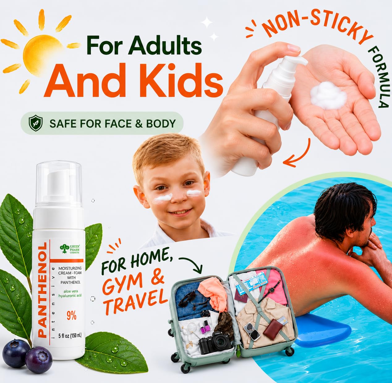 9% Panthénol Spray Moussant & Crème Vitamine B5 pour Peau Sensible - Hydrate & Apaise Après Soleil, Greffe de Cheveux, Soin Tattoo, Érythème Fessier & Rougeurs