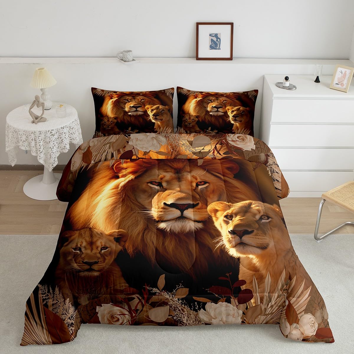 Kids Lion Comforter Set Queen Size,Roses Flowers Leaves Rustic Farmhouse Bedding Set,Girls Boys Women Room Decor,African Wild Animals Wildlife Down