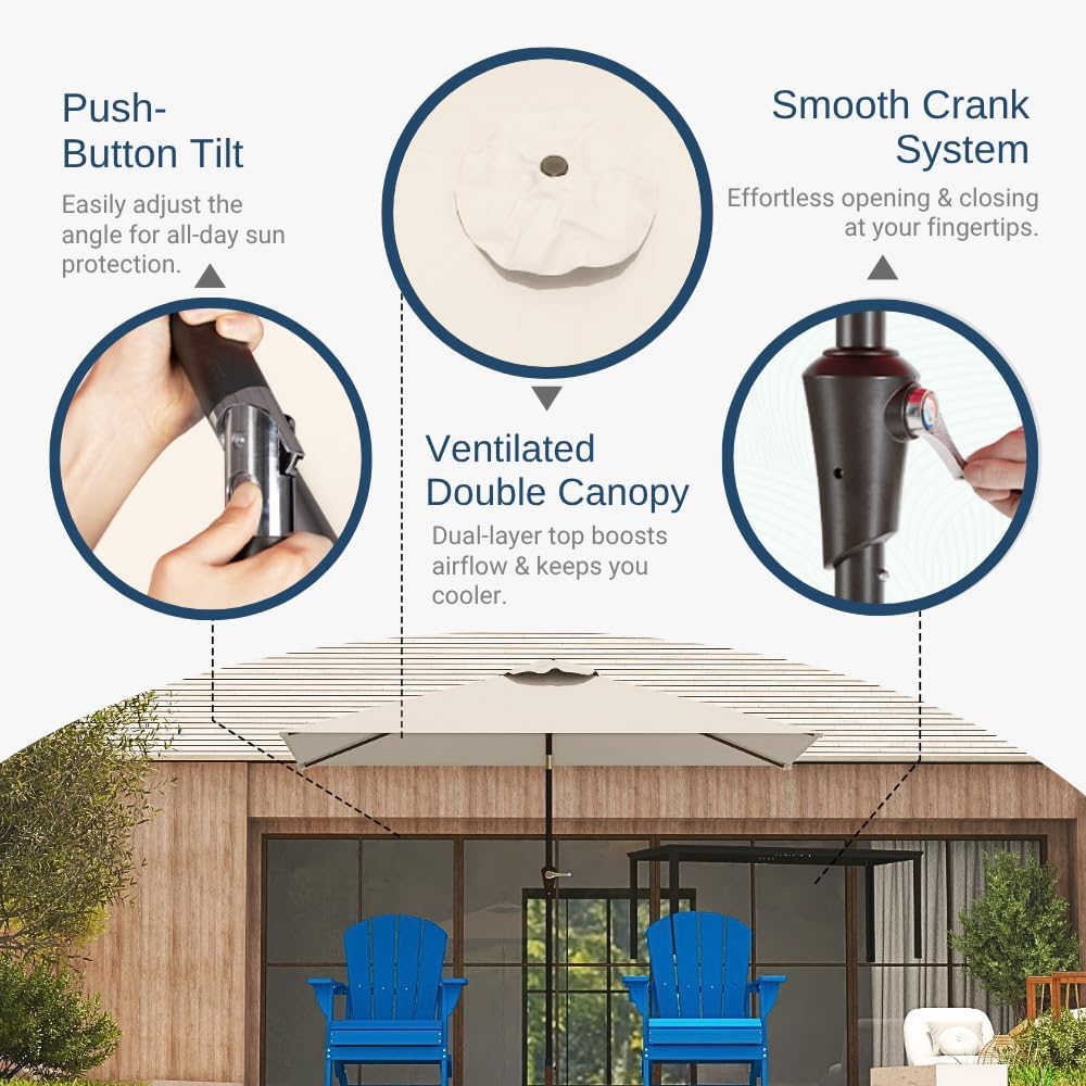 6.5' x 10' Rectangular Patio Umbrella Large Outdoor Market Umbrella w/UV Protection, Push Button Tilt and Crank Lift, Rectangle Table Umbrella for Garden, Deck, Pool, Patio, Beige