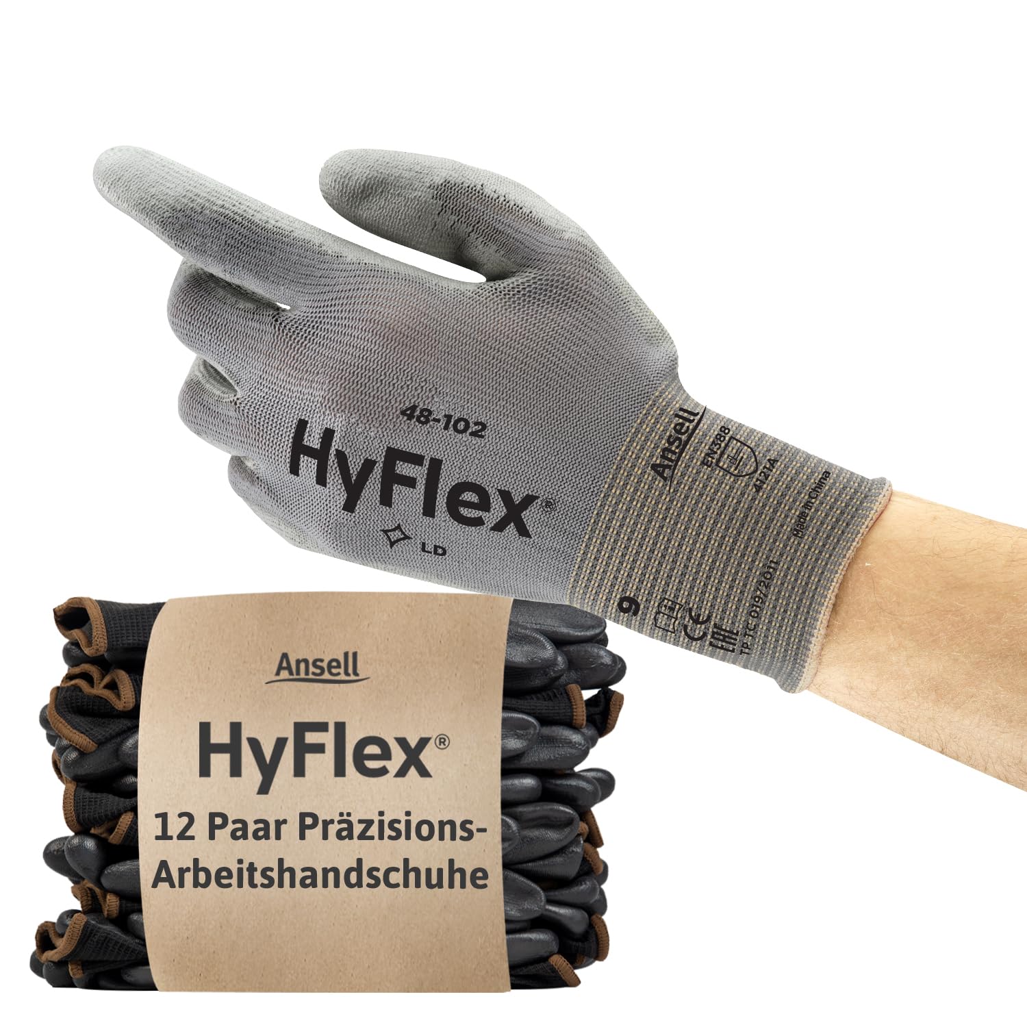 Ansell HyFlex 48-102 Dünne Arbeitshandschuhe mit PU Beschichtung, Leichte Schutzhandschuhe für Präzises Arbeiten, Heimwerk, Montage, Handschuhe Herren Damen, Grau, Größe L (12 Paar)