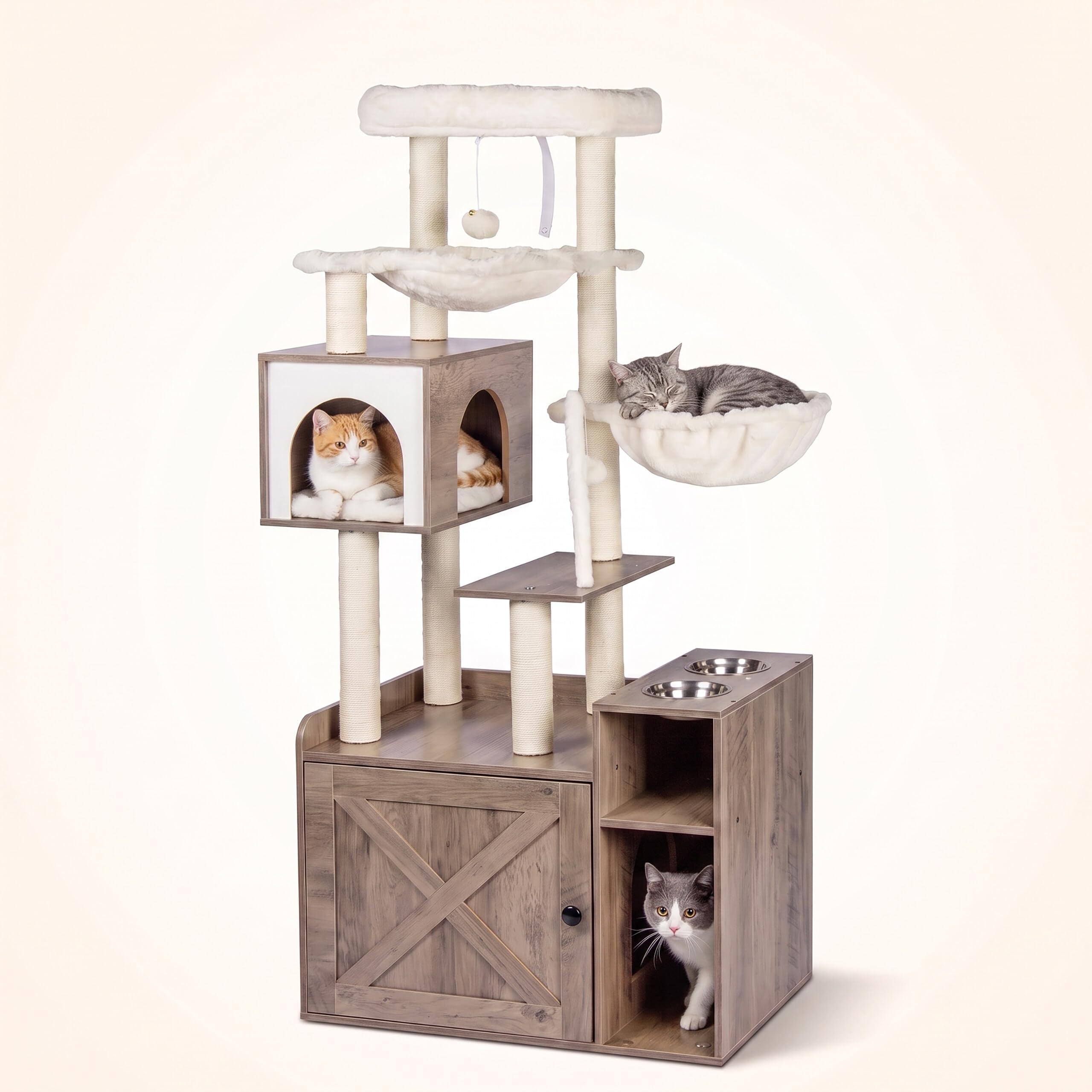 Relaxdays rascador, Mueble arenero y comedero, 144x71x45,5 cm, marrón Claro | postes de sisal, cesta, efecto madera