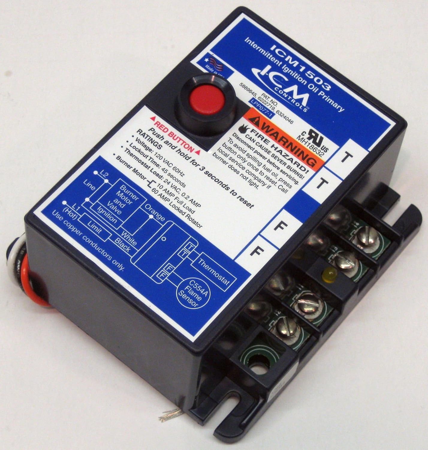 ICM Controls ICM1503 Intermittent Ignition Oil Primary Control – 45-Second Safety Lockout, LED Indicator, Solid-State Flame Sensor, External Reset Button, 120V for Oil Burner Systems