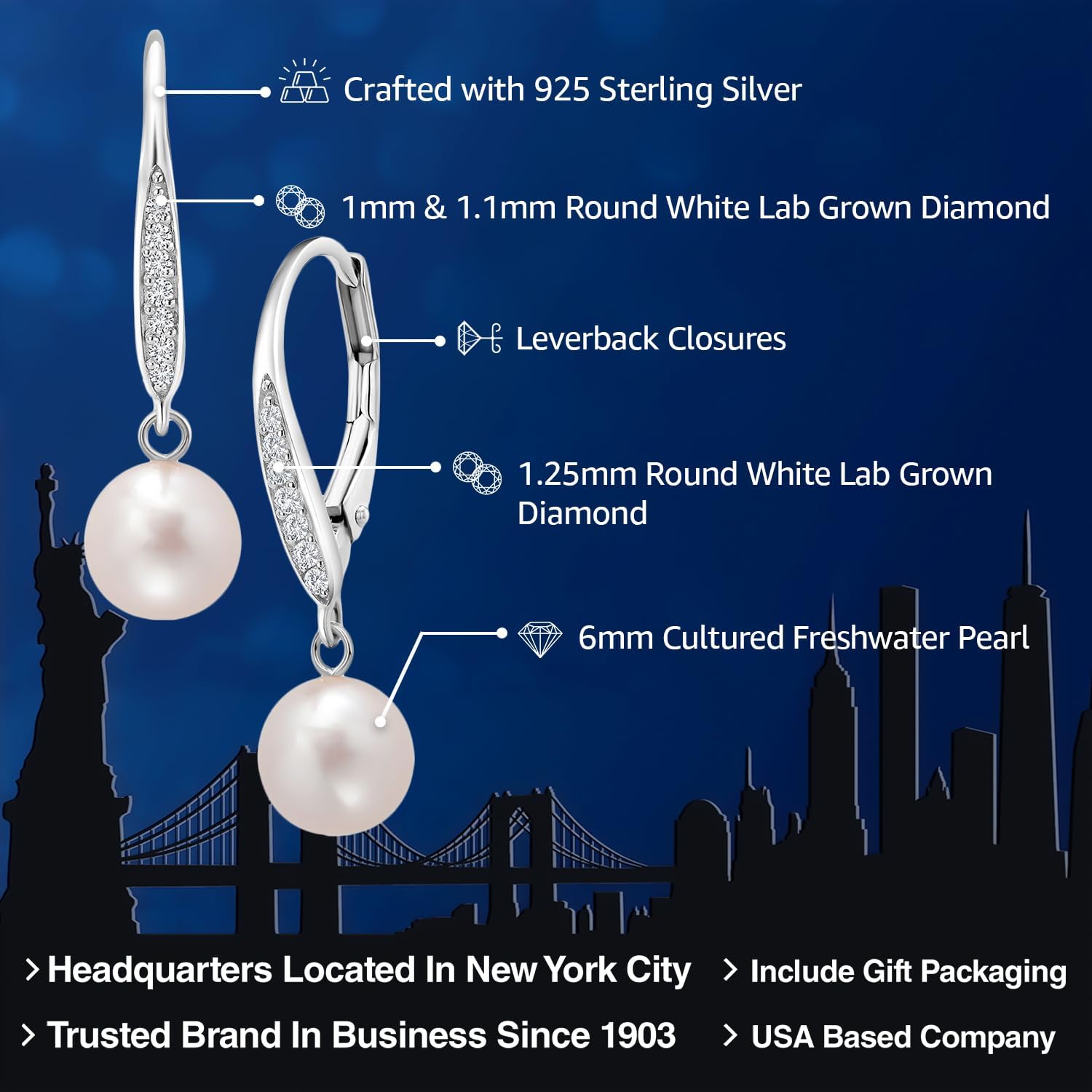 Gem Stone King Cultured Freshwater Pearl and Lab Grown Diamond Dangle Earrings For Women | 925 Sterling Silver | 1 Inch | Pearl Size 6MM | Fine Jewelry Gifts for Her Mom Women Wife