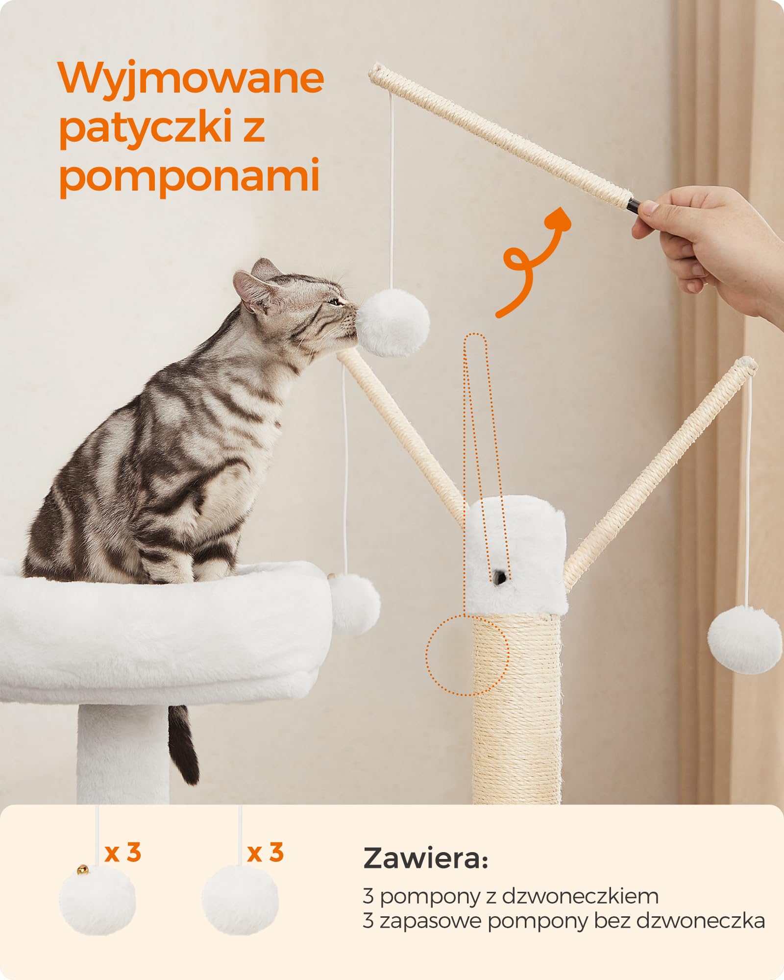 Feandrea PCT113G01 Drapak z szafką dla kota, 2 w 1, szafka na kuwetę dla kota, z pniami sizalowymi, zdejmowane kulki pluszowe, szarobeżowy, 151 cm wysokości