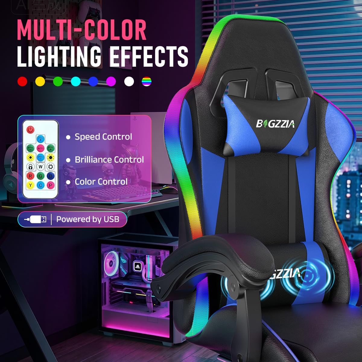 bigzzia Sedia Gaming, Sedia Ergonomica con LED per Videogiochi, Sedia da Gioco con Cuscino Lombare Massaggiante e Poggiatesta per Giocare, Studiare e Lavorare in Ufficio (Blu)