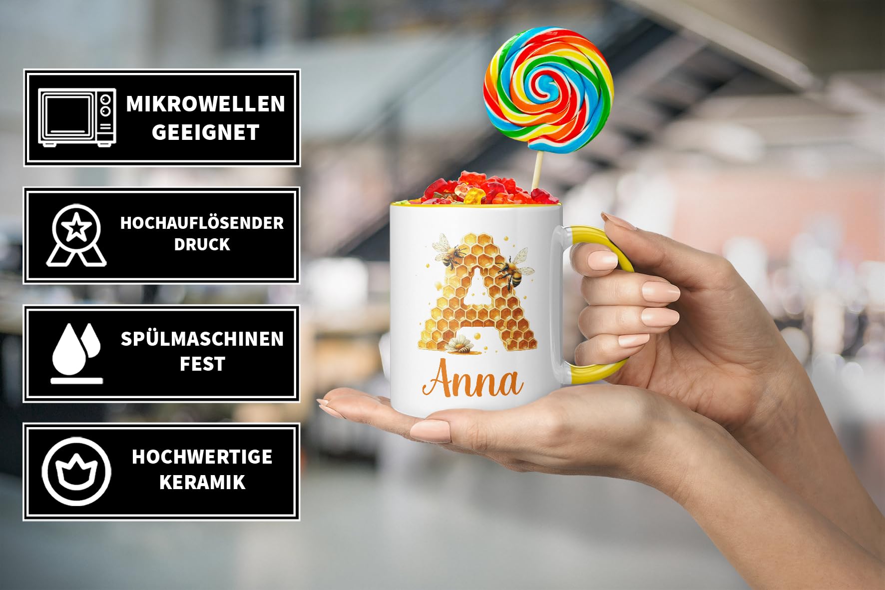 Personalisierte Bienen-Tasse 330 Ml - Honigwaben Design Mit Namen, Spülmaschinenfest