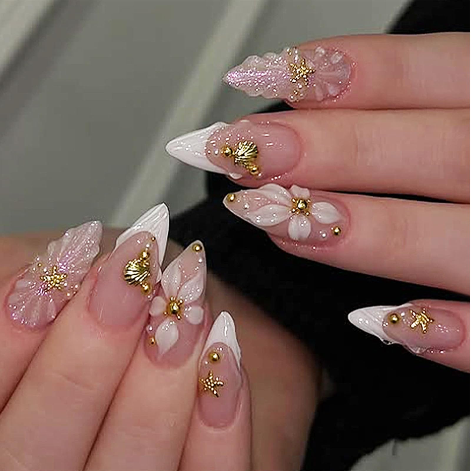 Press on Nails, 24 Uds. Uñas Falsas con Flores 3D de Color Rosa y Punta French, Uñas Artificiales Reutilizables con Brillo, Kit de Uñas para Mujeres — view 12