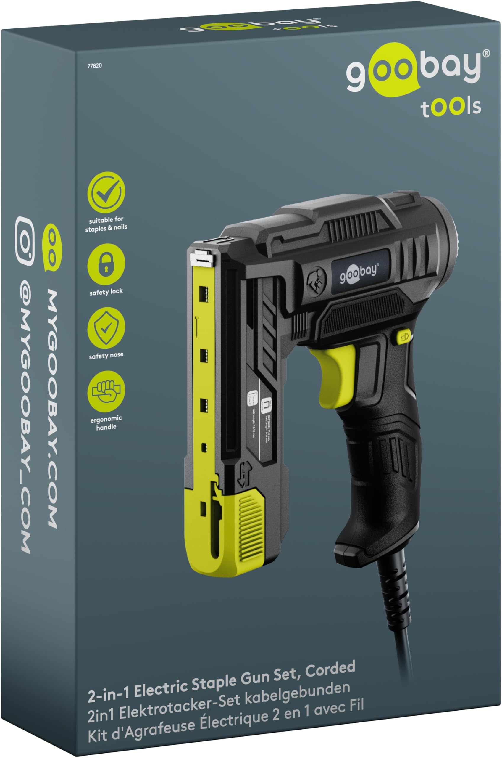 goobay Set di vernici elettriche 2 in 1 cablate 2 m/70 W – con graffette o chiodi – chiusura circa 20 graffette al minuto – per tappezzeria, legno o lavori di ristrutturazione – 77820