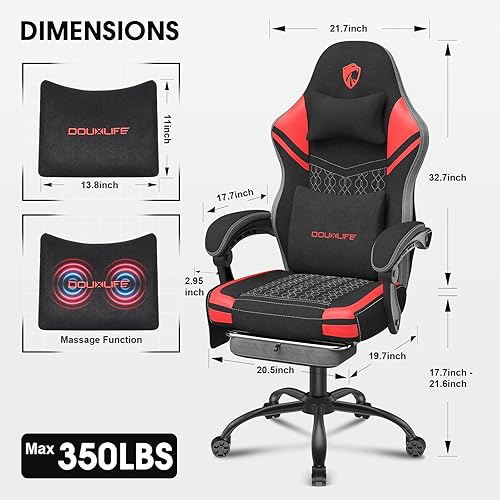 Vista 2 de Silla para videojuegos, silla de computadora de tela Tech con masaje, silla de oficina con cojín ensanchado de resorte, silla ergonómica de respaldo