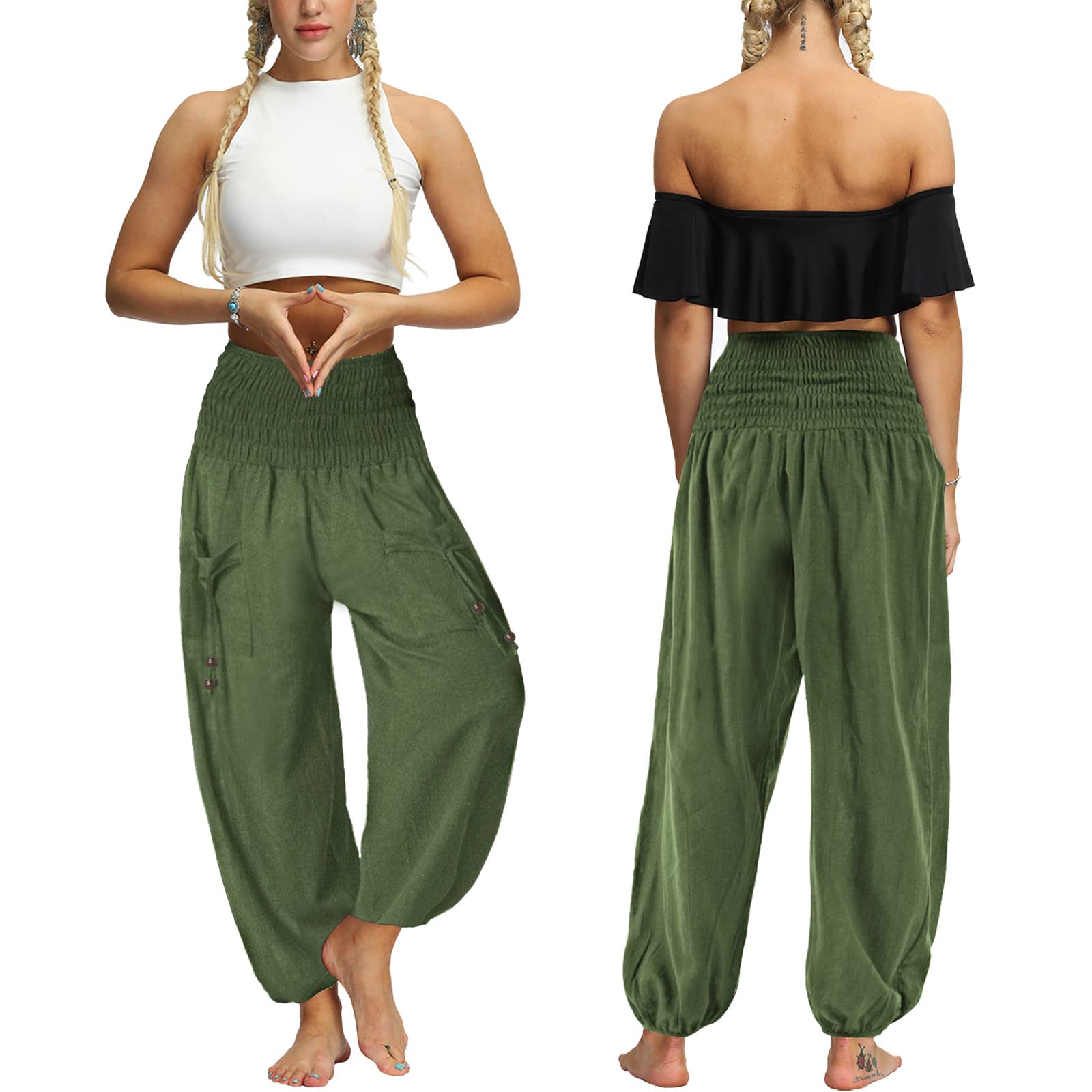 Nuofengkudu Unisex Pantaloni Harem Hippie Tasconi Tinta Unita Vita Alta Larghi Leggeri Yoga Pants Comodo Pigiama Estivi Spiaggia Casual