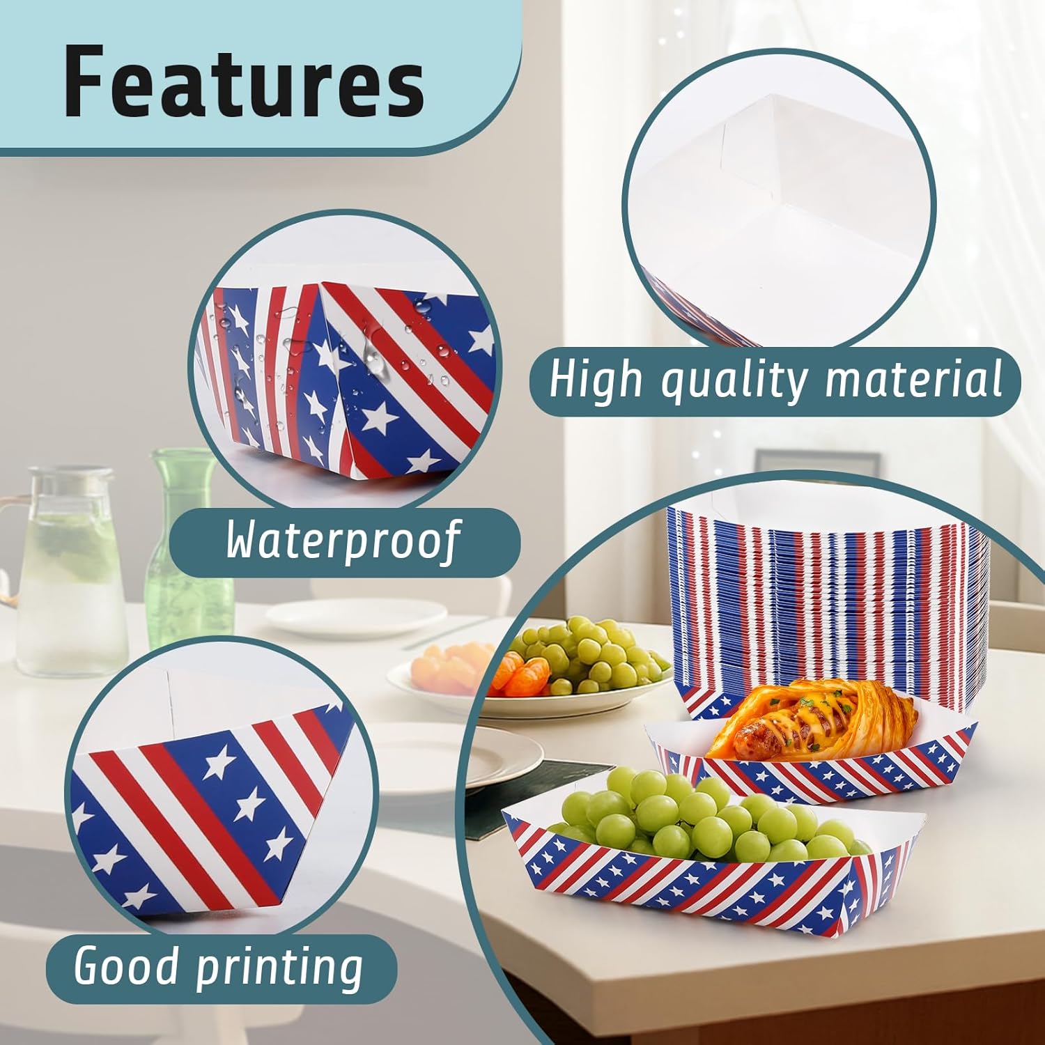 100 PCS 4th of July Paper Food Trays, 9.4 x 5.1 x 2.2 Inch Disposable Patriotic Serving Trays, Large Red White Blue Pattern Food Boats for Independence Day Memorial Day Birthday Party Supplies