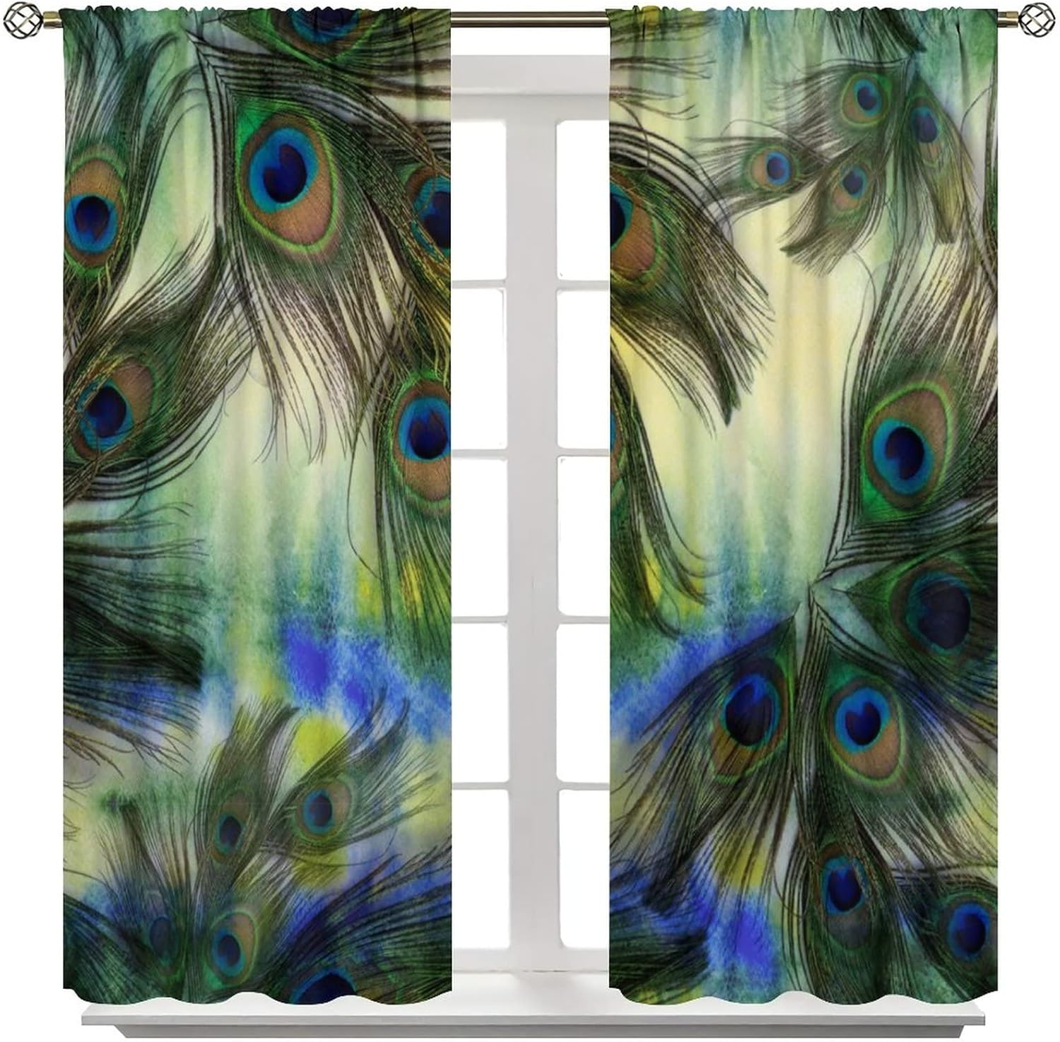 Watercolor Peacock Feather Blackout Curtains for Bedroom, Birds Animals Skin Blue Green Colorful Feather Rod Pocket Thermal Insulated Room Darkening Curtains Bedroom Curtains 63x72in