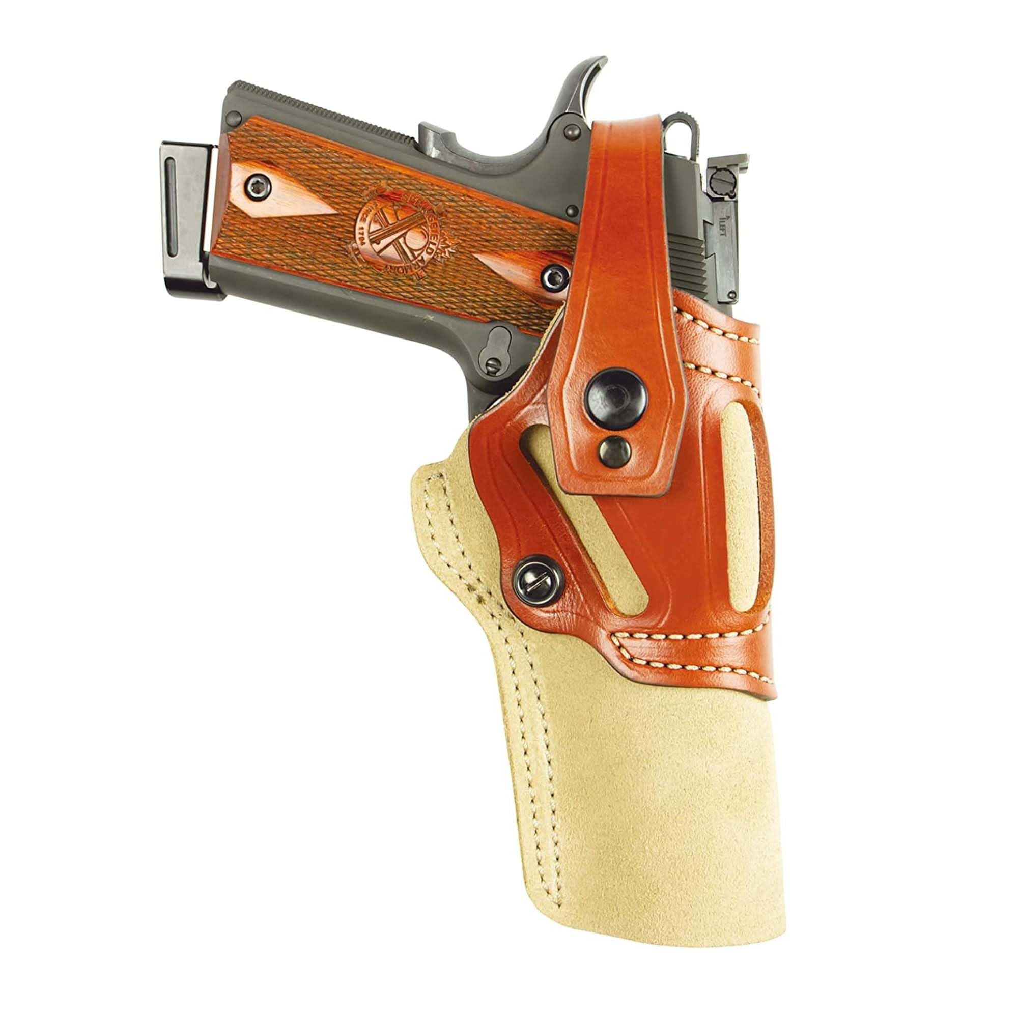 DeSantis Wild Hog Leather Revolver Holster - OWB Gun Holster, Top Grain Steer Hide, Fits Standard 1911 Models 5", from Colt, S&W, Sig Sauer, Ruger, Kimber, Springfield, and Others - Ambidextrous, Tan