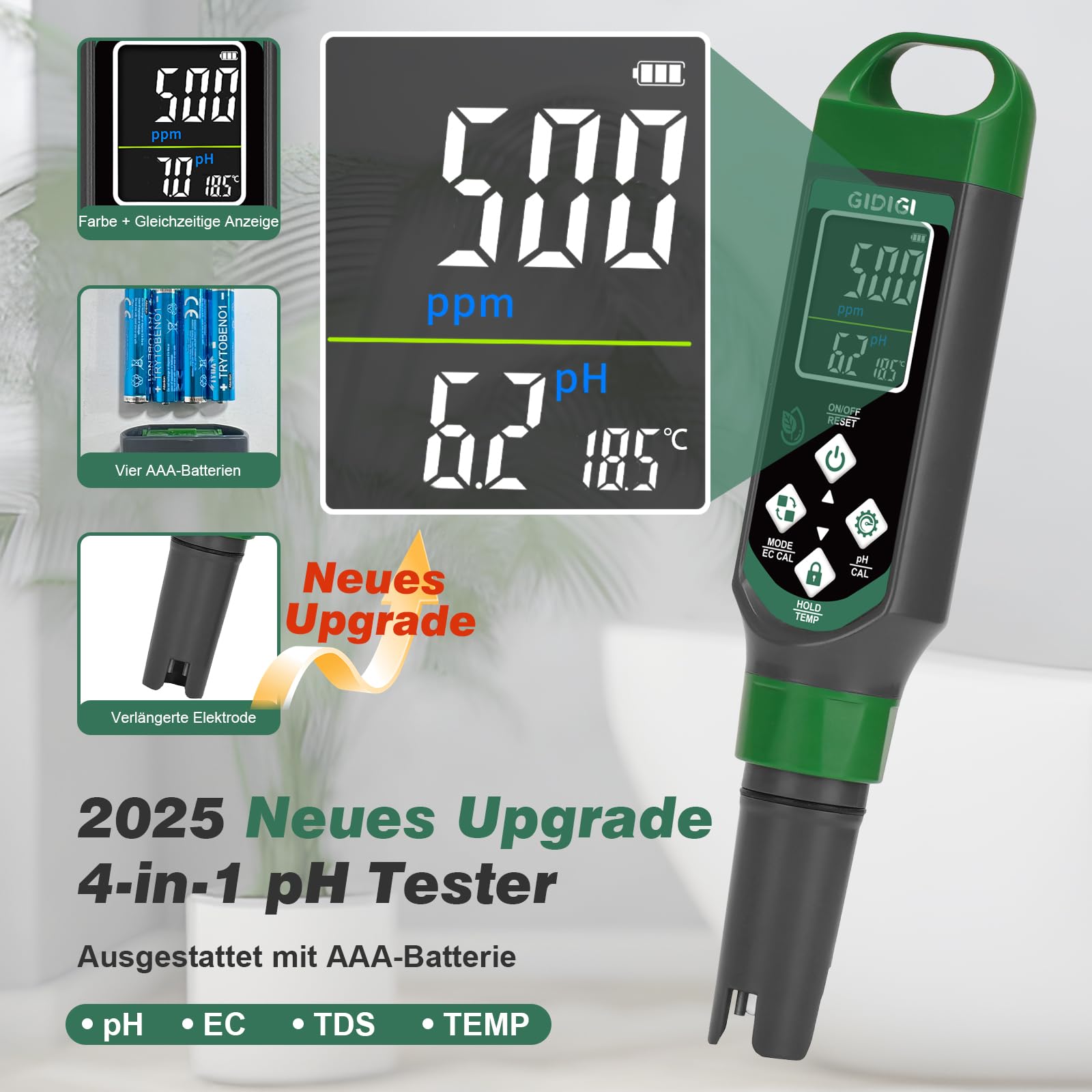 pH Messgerät für Hydrokulturen, pH Messgerät für Pool, TDS EC Messgerät mit Farbdisplay, pH Wert Wassertester Multiparameter für Aquarium, TDS Trinkwasser Tester, hohe Genauigkeit 0,01