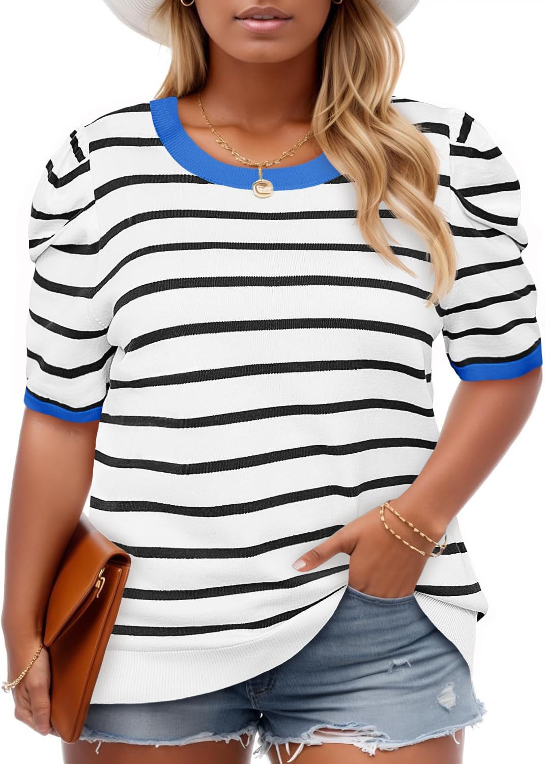 Beautife Womens Plus Size Short Puff Sleeve Sweater Tops Lightweight Striped T Shirts Summer Casual Crew Neck Knit Pullover Blue
