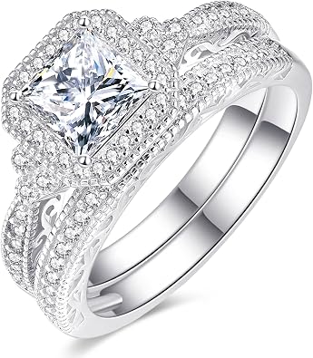 AVECON 1.2CT Princess Cut Engagement Ring for Women, Wedding Promise Cubic Zirconia Band, Halo White Gold Plated Bridal Ring Set, Size 5-10