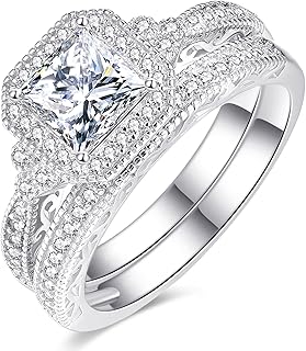 1.2CT Princess Cut Engagement Ring for Women, Promise Wedding Cubic Zirconia White Gold Plated Bridal Round Band Set Gift with 4 Prong & Perfect Size for Anniversary Girlfriend Mom, Size 5.5-10