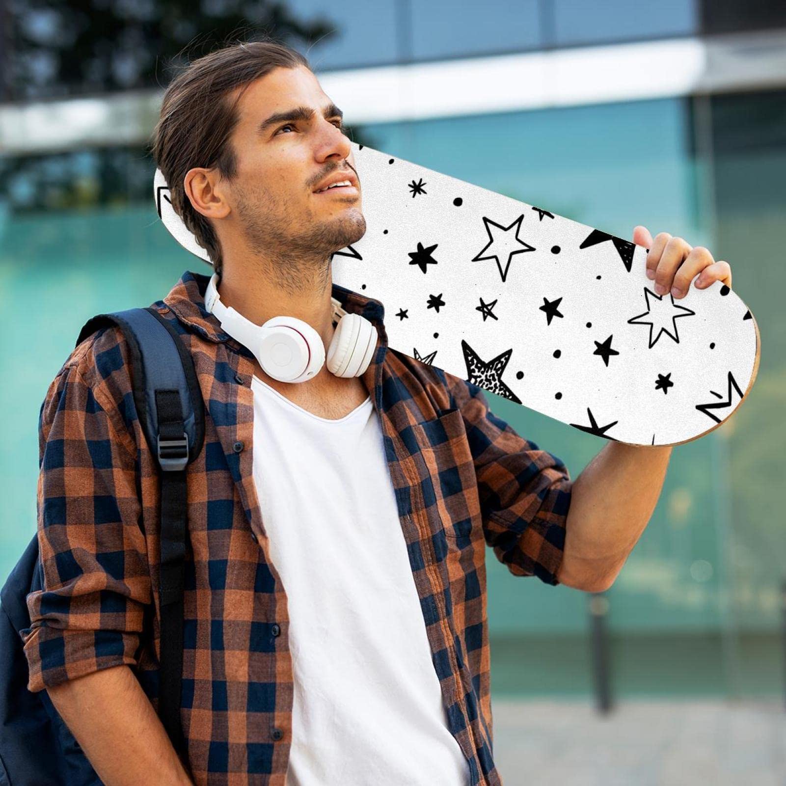 Lot de 2 feuilles de papier abrasif pour skateboard Motif étoiles Noir/blanc