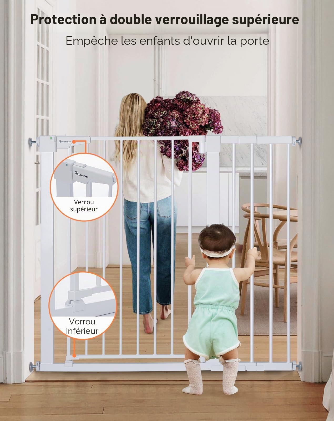 COMOMY Barriere de Securite Enfant Super Haute, 75-110cm Barriere Chien Escalier, sans Percage, Extensible, Fermeture Automatique, Monté sous Pression (Blanc) | Barrière de sécurité robuste à fermeture automatique pour chien, montée par pression, facile à
