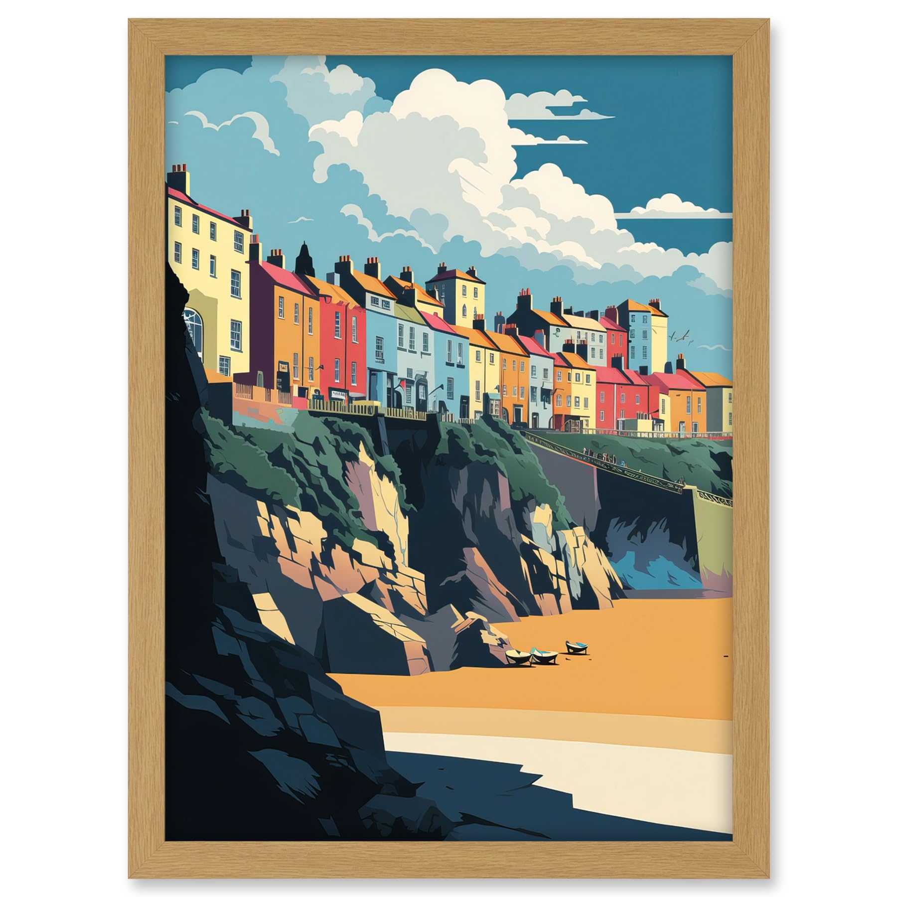 Artery8 Tenby Harbour Beach Coastal Town Illustration Artwork Framed A3 Wall Art Print