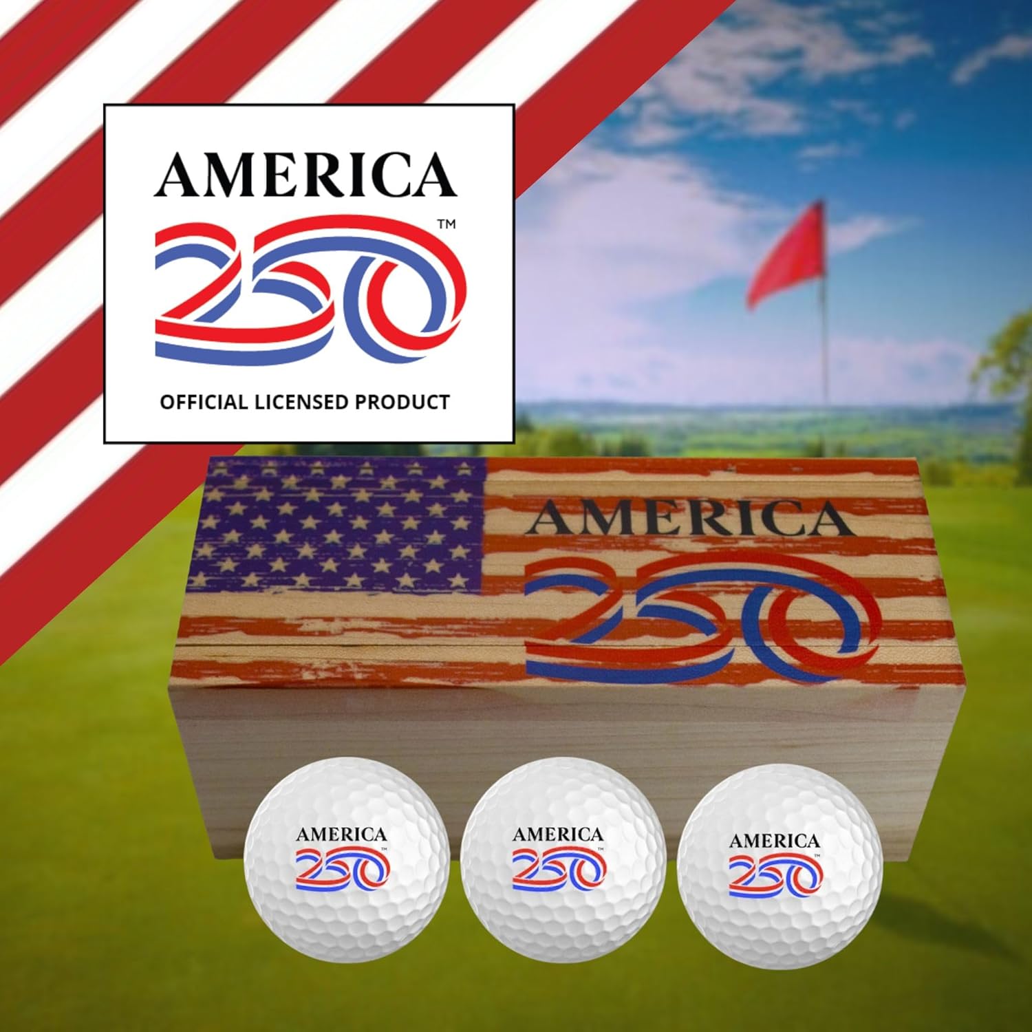 A250 Golf Balls 3-Pack in Wooden Gift Box – Patriotic USA Golf Ball Gift Set – Limited Edition – Golf Gifts for Men and Women