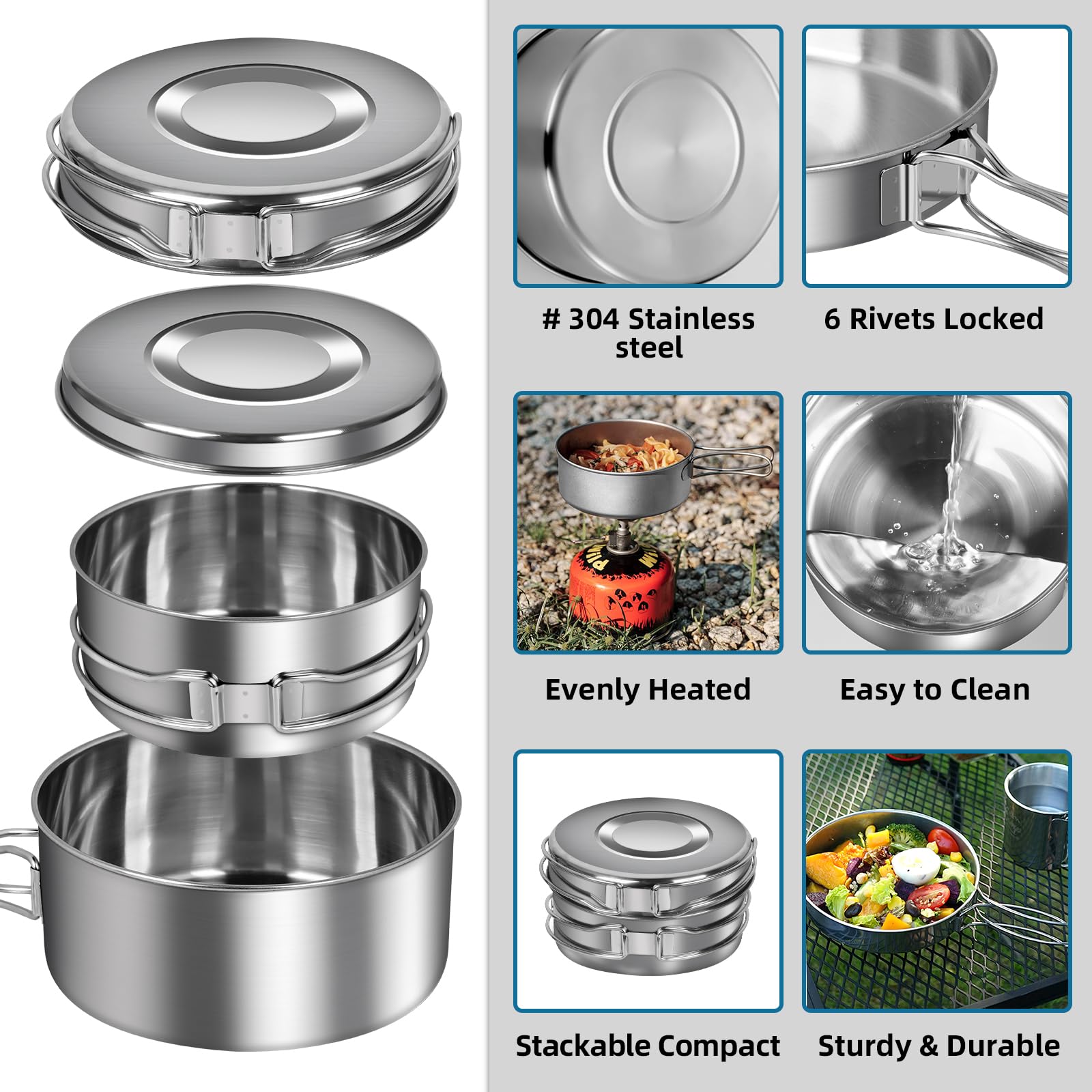12 Piezas Utensilios Cocina Camping, Juego de Olla y Sartenes de Acero Inoxidable de Camping Kit de Portátil y Liviano para 1-2 Personas Ligero y Compacto para Acampar Senderismo Picnic