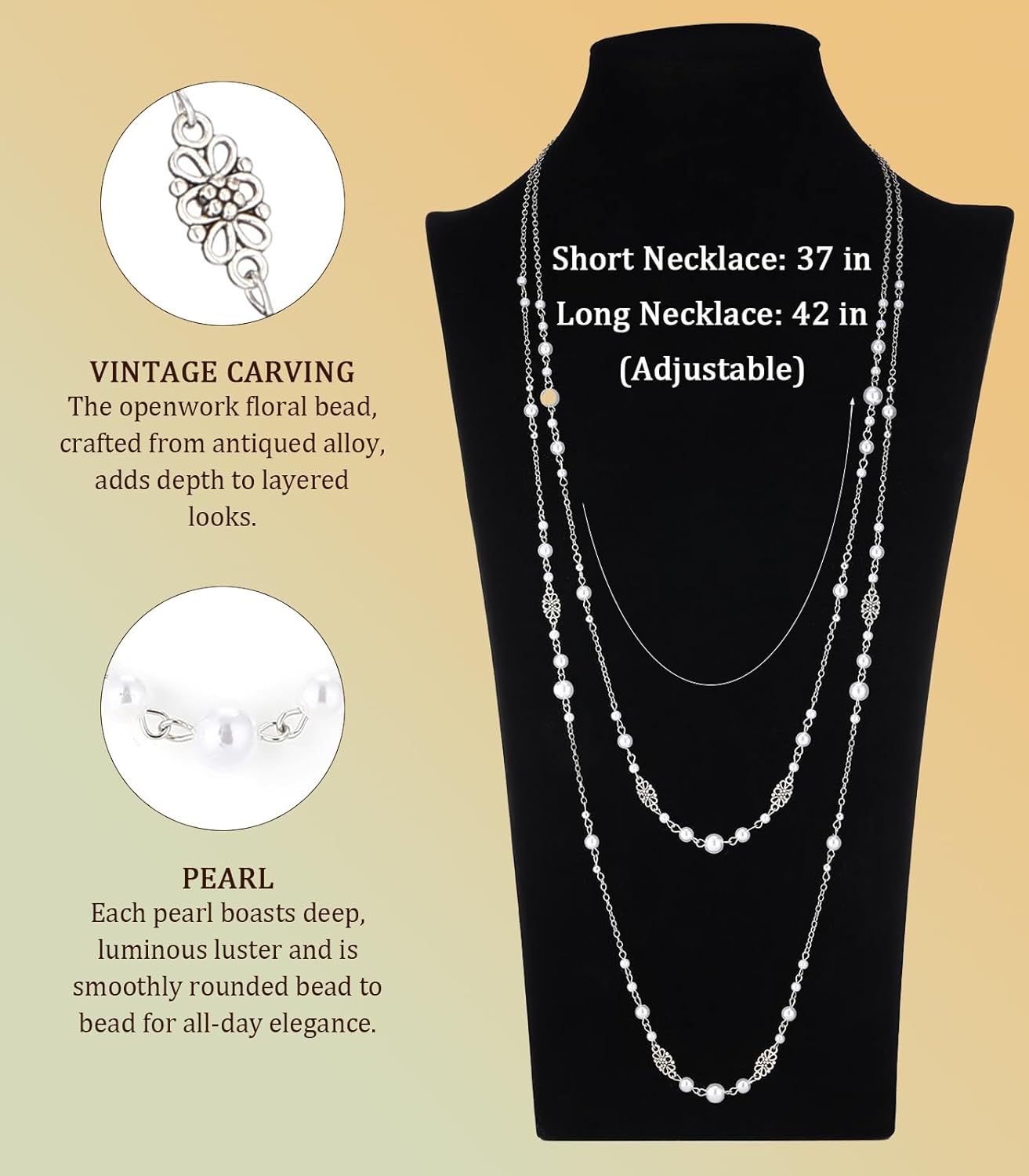 Long Beaded Silver Necklaces for Women Layered Long Statement Necklace with Stone Pearl Beads Double Sweater Chain Costume Jewelry for Women - Image 7