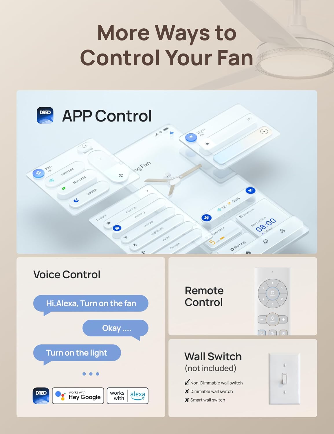 DREO Smart Ceiling Fans with Lights, 52 Inch White Ceiling Fan, 12 Speeds & 3 Fan Modes, Stepless Color Tones, Dimmable LED Light, 1-12H Timer, Quiet DC Motor, Remote/APP/Alexa/Wall Switch Control