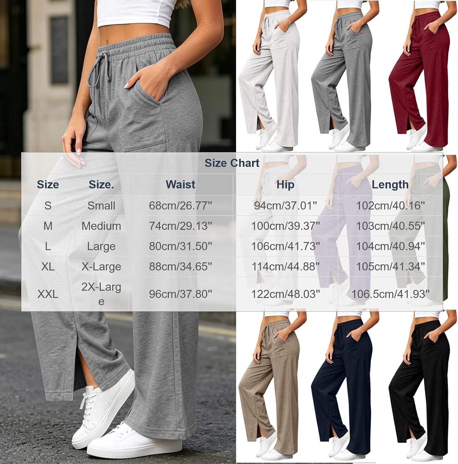 Women's High Waisted Wide Leg Sweatpants Drawstring Summer Side Slit Loose Pants with Pockets Casual Fall Trousers
