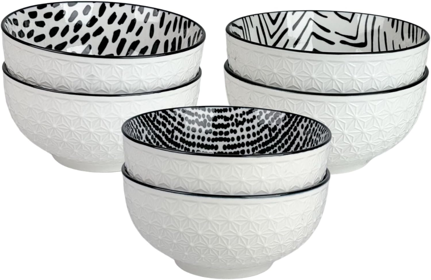 10 Strawberry Street Embossed Pad Print 6.5" Cereal Bowls, Set of 6, Black/White