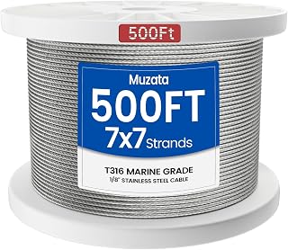 Muzata WR02 500ft 1/8" T316 Stainless Steel Wire Rope Cable - 7x7 Strands 1800lb Break Strength for Deck Railings Indoor Outdoor Coastal