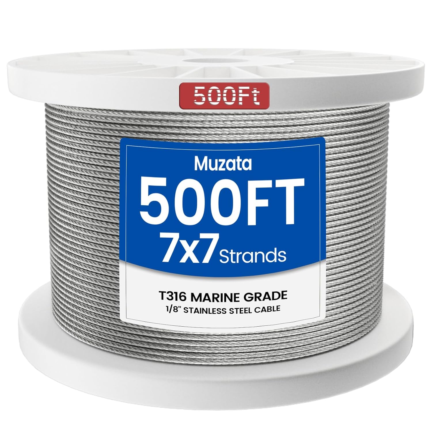 Muzata WR02 500ft 1/8" T316 Stainless Steel Wire Rope Cable - 7x7 Strands 1800lb Break Strength for Deck Railings Indoor Outdoor Coastal