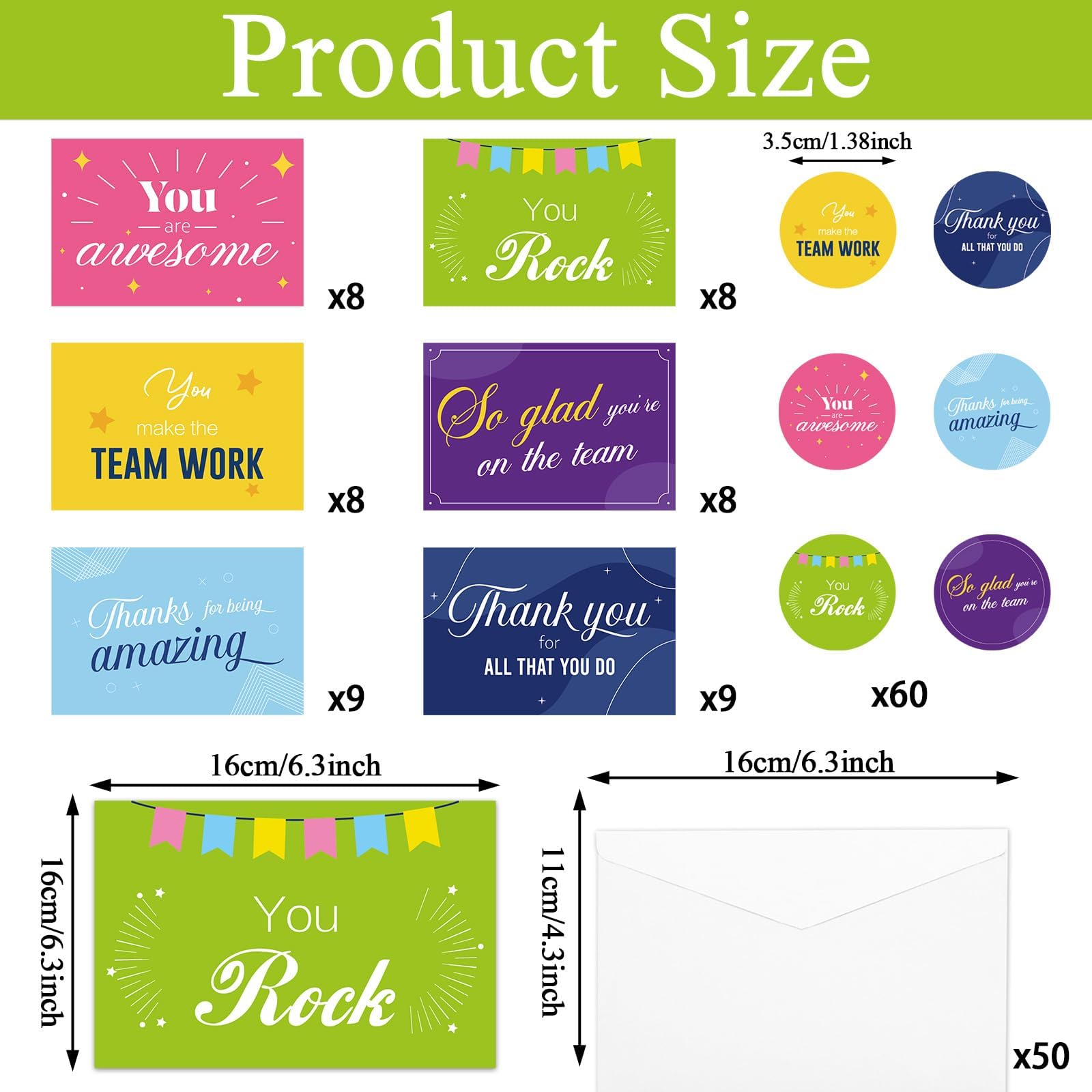 50 pack Employee Appreciation Cards with Envelopes Colorful Employee Thank You Cards Blank Inside Employee Staff Appreciation Cards Bulk for Coworkers Team Motivational Staff Thank You Cards 6x4in