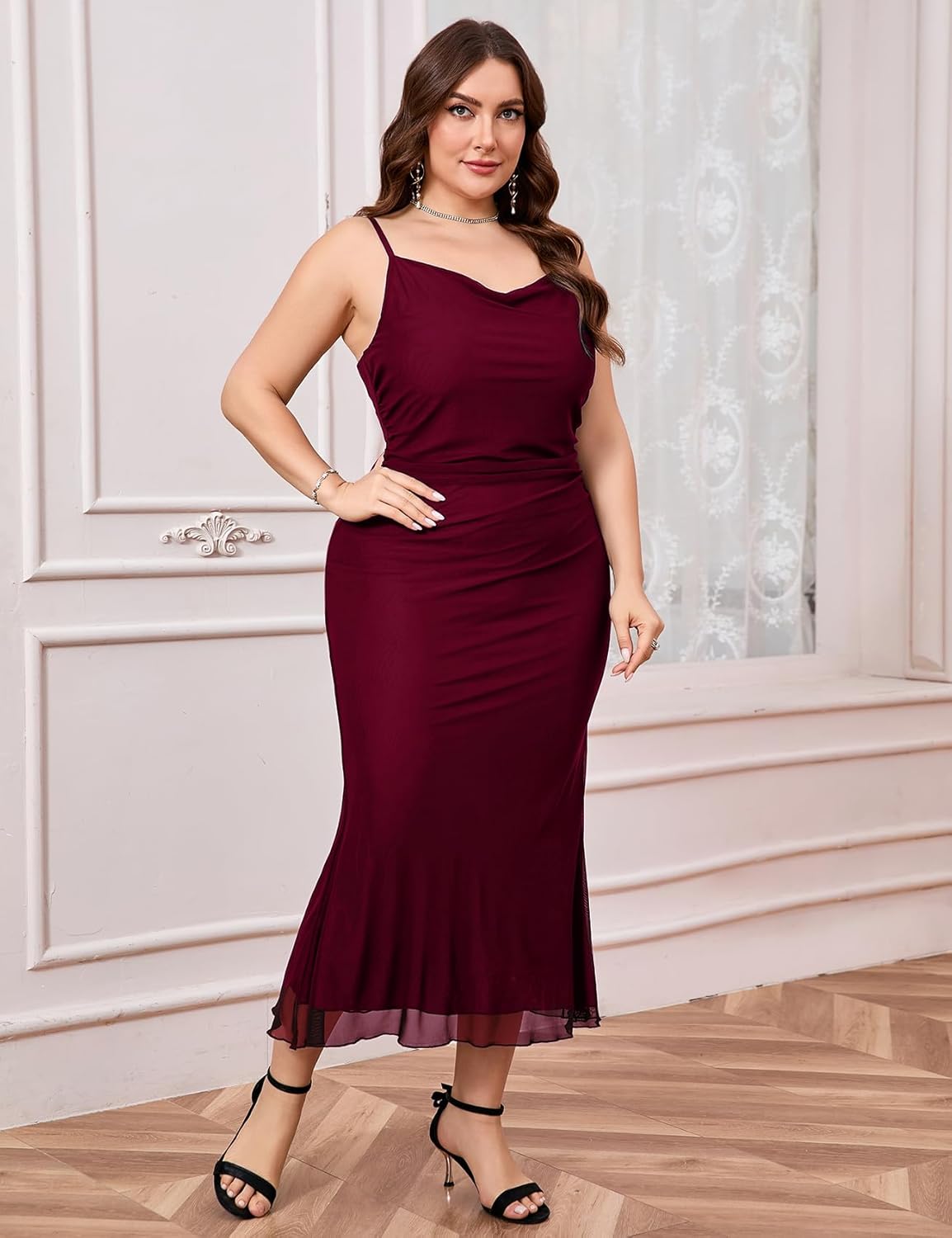 CYCLAMEN Plus Size Mesh Mermaid Dress Ruched Spaghetti Strap Fitted Sleeveless Cami Dresses Cocktail Party Wedding Guest - Image 6