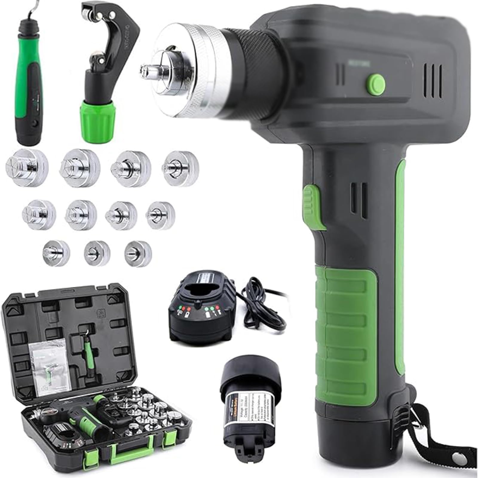 YXYLJOZ Hydraulic Pipe Expander Tool Kit with 11 Interchangeable Heads, Deburring & Cutting Features for HVAC and Plumbing Applications