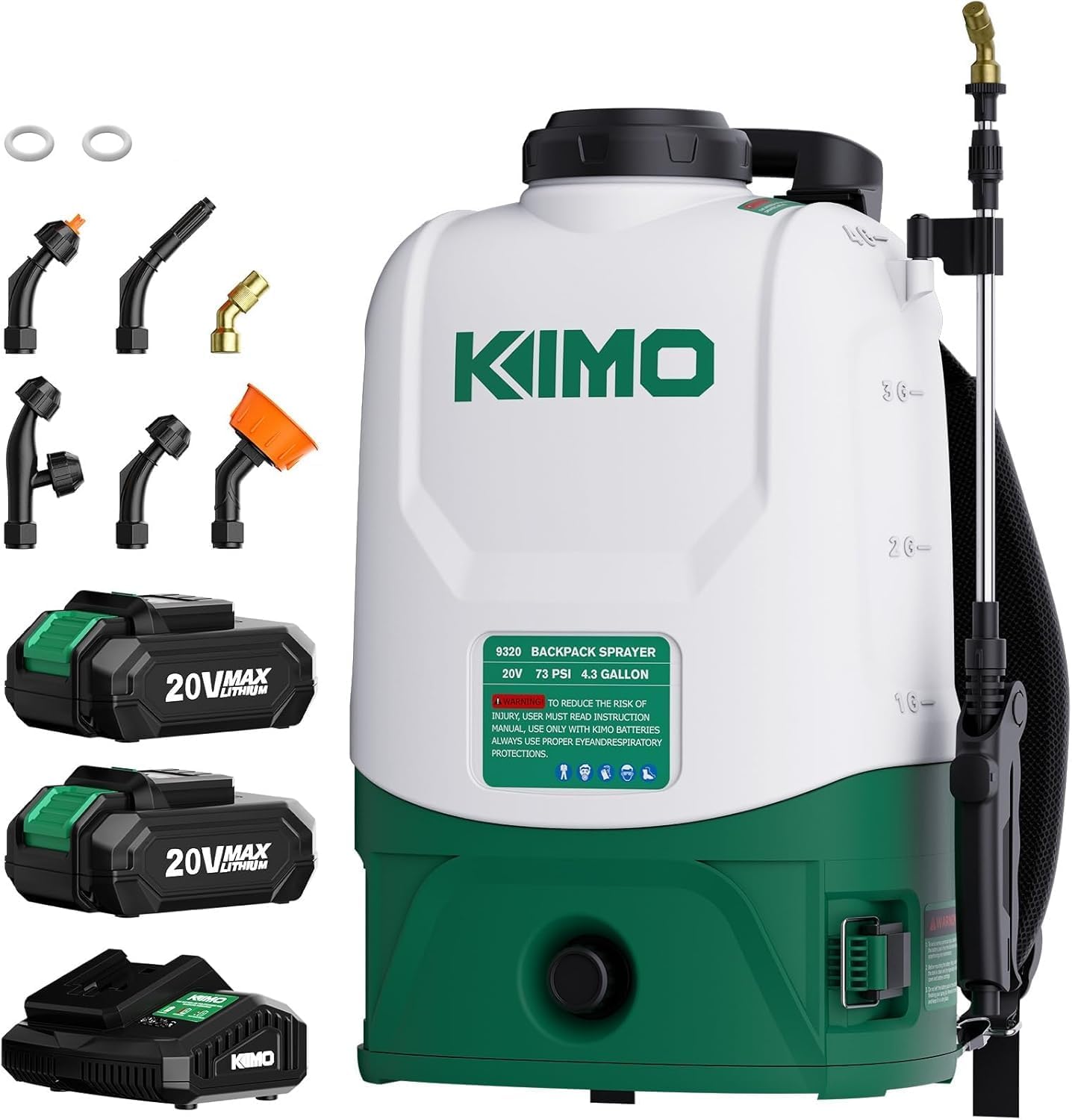 KIMO 4.3 Gal Backpack Sprayer Battery Powered w/ 2PCS 2.0Ah Battery, 73PSI Adjustable Pressure, 6 Nozzles, 31" Telescopic Wand, Padded Shoulder Strap, No Pump Needed Electric Weed Sprayer for Planting