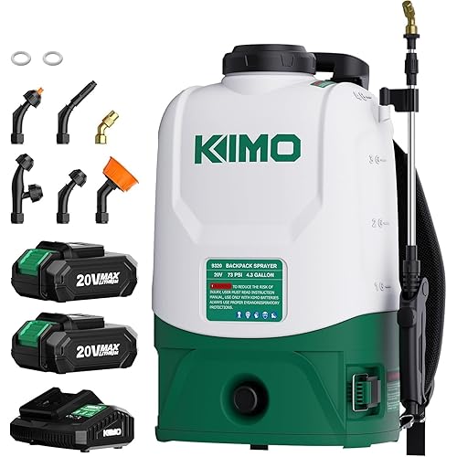 KIMO 4.3 Gal Backpack Sprayer Battery Powered w/ 2PCS 2.0Ah Battery, 73PSI Adjustable Pressure, 6 Nozzles, 31" Telescopic Wand, Padded Shoulder Strap, No Pump Needed Electric Weed Sprayer for Planting