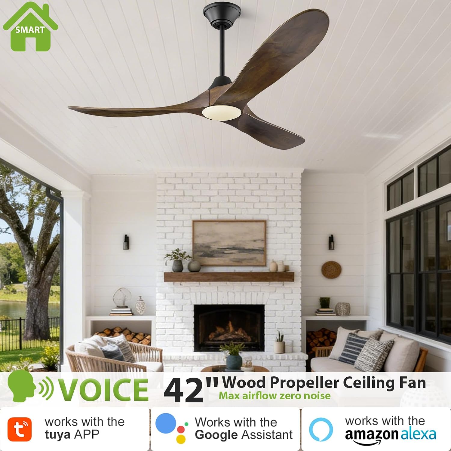 42 Inch Smart Outdoor Ceiling Fan with Lights, Damp Rated, Alexa Wifi Remote Control, 3 Blades Wood Propeller Low Profile Design, High CFM Quiet DC Motor for Indoor Bedroom Living Room Patios Porch