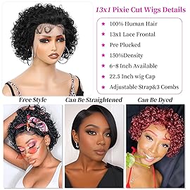 INSTASTYLE Short Curly Human Hair Wig Pixie Cut Lace Front Wigs 8inch,13x1 Pixie Cut Wig Human Hair Hd Lace Front Wigs for Black Women 8inch,Natural Black
