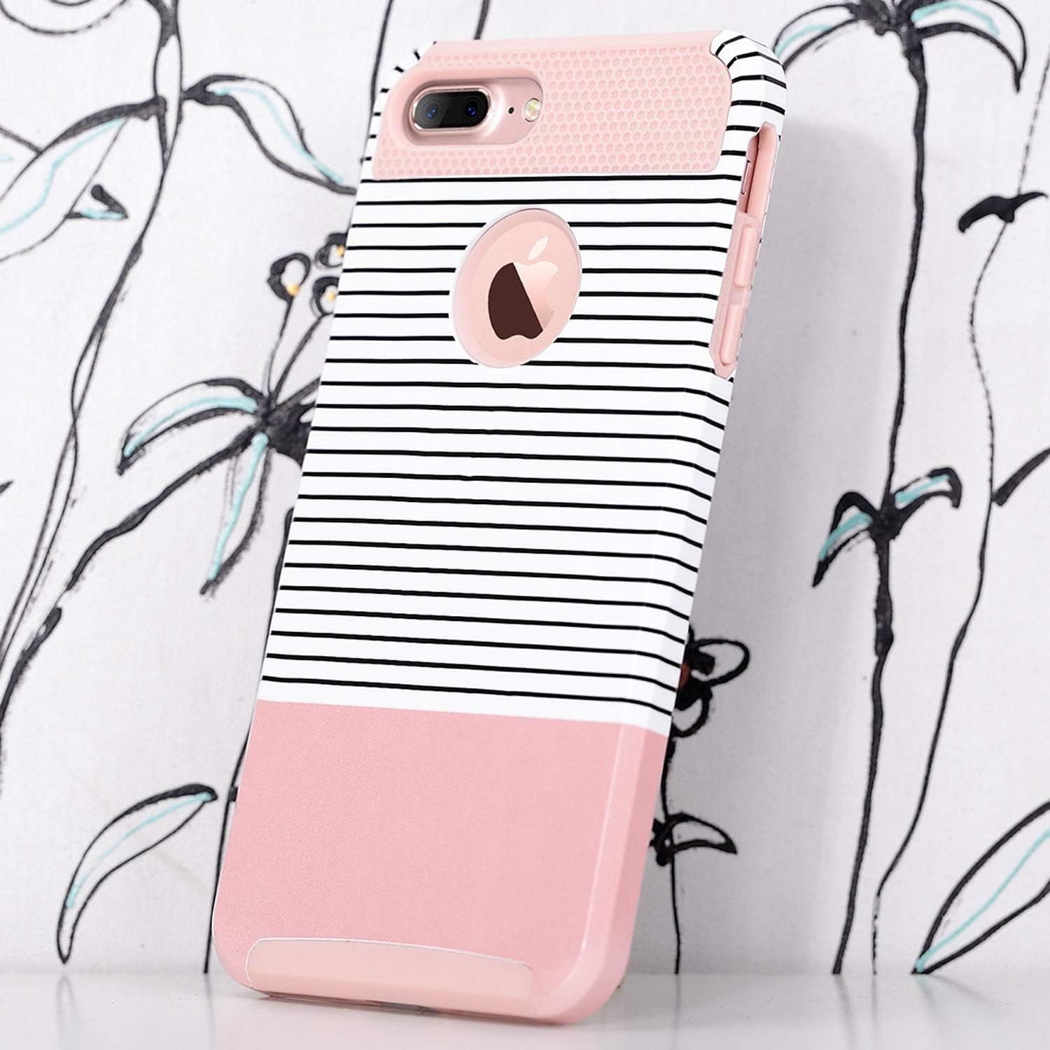 ULAK iPhone 7 Plus Case, Slim Dual Layer Protection Scratch Resistant Hard Back Cover Shock Absorbent TPU Bumper Case for iPhone 7 Plus 5.5 inch - Minimal Rose Gold Stripes