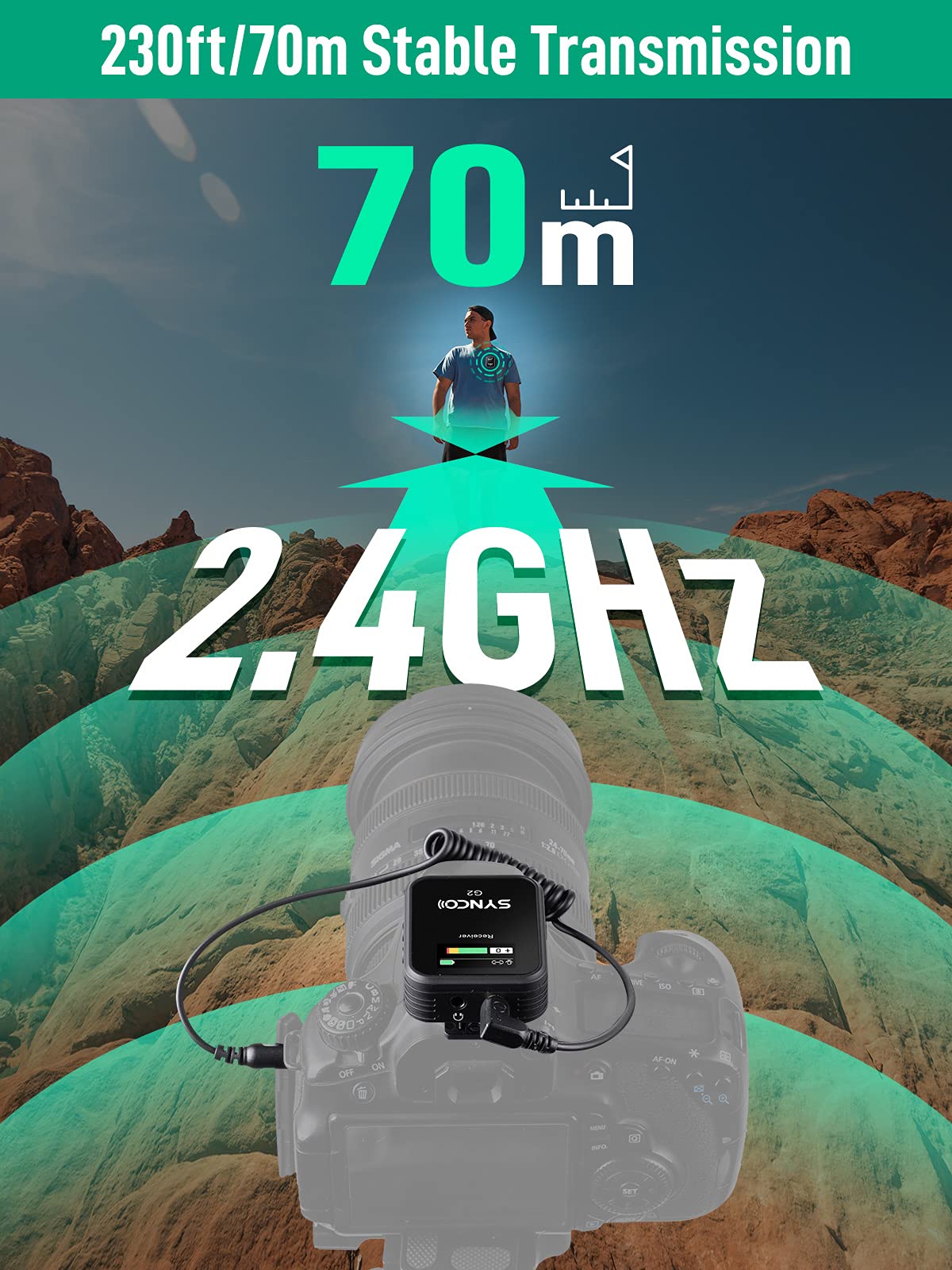 SYNCO Bezprzewodowy mikrofon lavalier G2 A1, do 70 m, do lustrzanek cyfrowych, smartfonów, laptopów, spotkań online, zajęć i nagrywania strumieniowego wideo