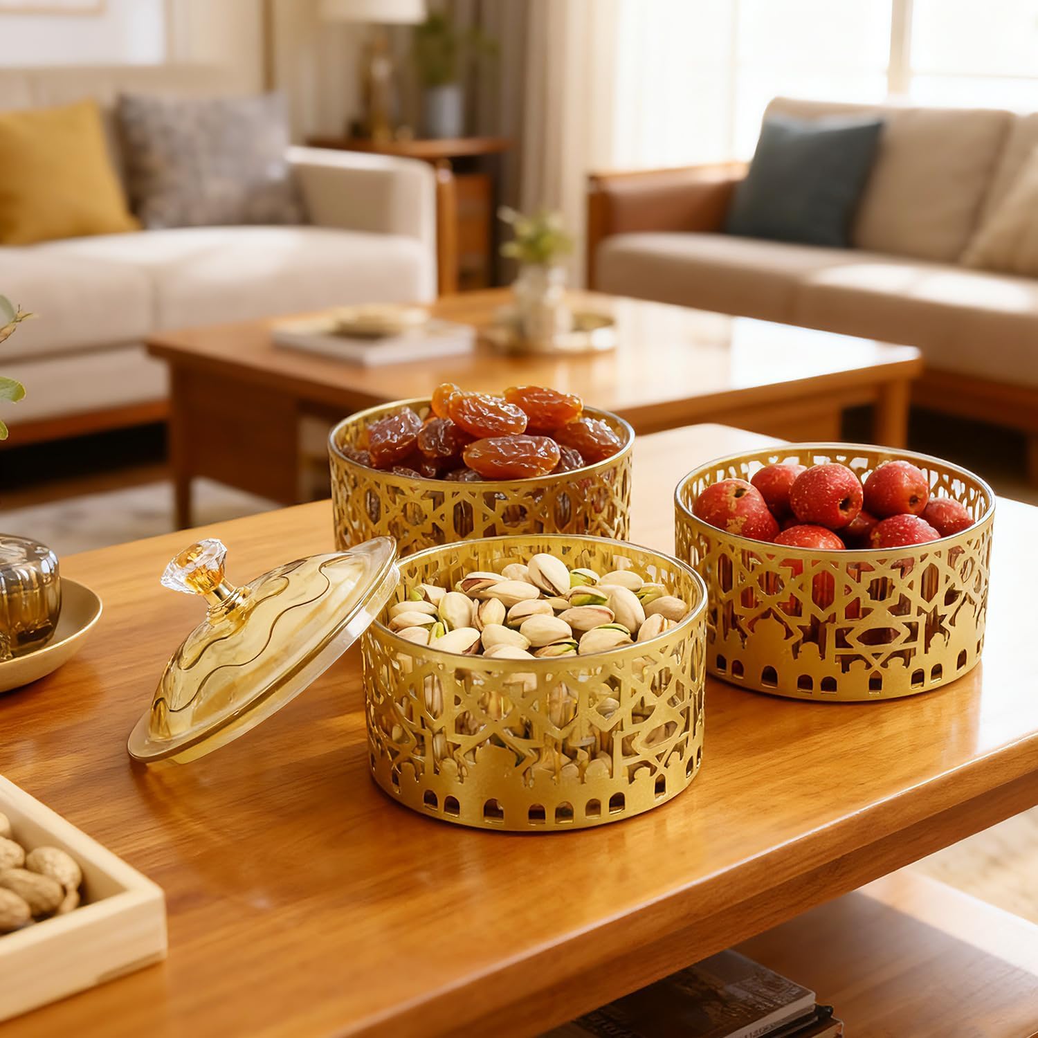 Ramadan Serving Tray with Lid, 6 Pieces Eid Mubarak Dessert and Snack Plates Mini Cake Candy Tray Reusable Dessert Metal Ramadan Food Storage Organizer for Muslim Eid Party Activity