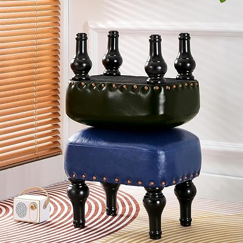 Miniatura 8 de Reposapiés de cuero otomano con asiento acolchado de espuma más gruesa, taburete con patas de madera (verde)