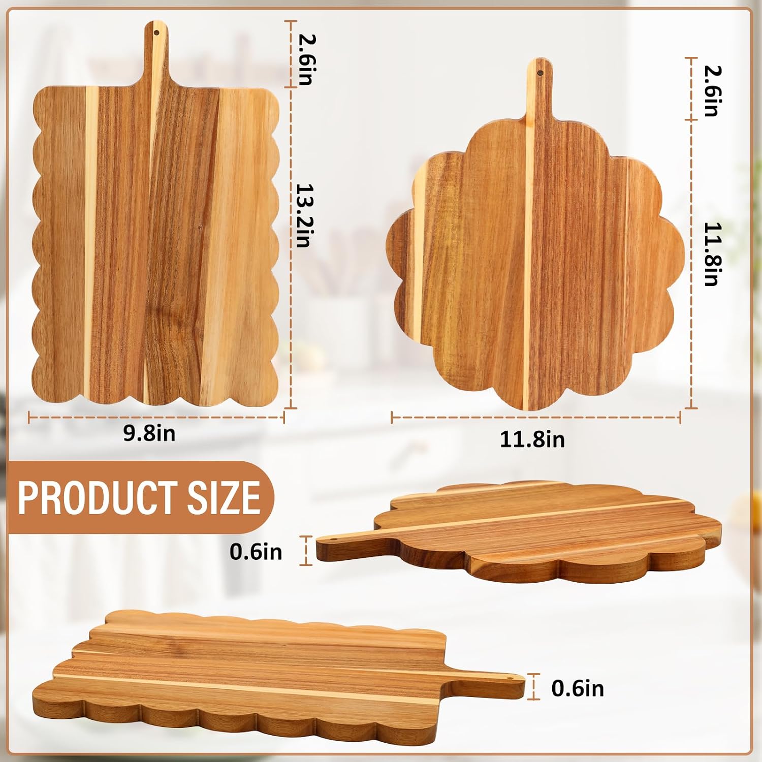 2 Pcs Scalloped Acacia Wood Cutting Board Set, Decorative Wooden Charcuterie Boards with Handle, Farmhouse Serving Trays for Cheese Pizza Fruit Bread, Cottage Core Kitchen Decor Housewarming Gift